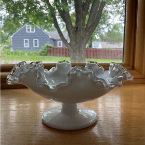 Vintage Fenton Silver Crest Scalloped Milk Glass Ruffled Pedestal Compote Dish